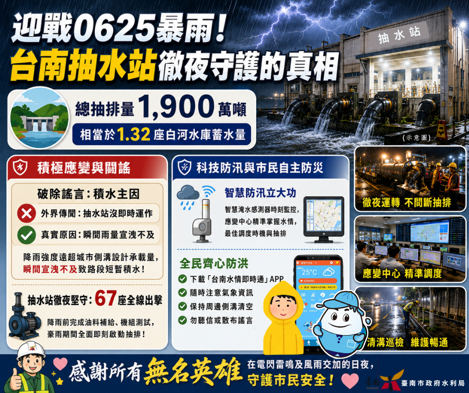 ▲迎戰0625暴雨！台南抽水站徹夜守護的真相。（圖／台南市水利局提供）