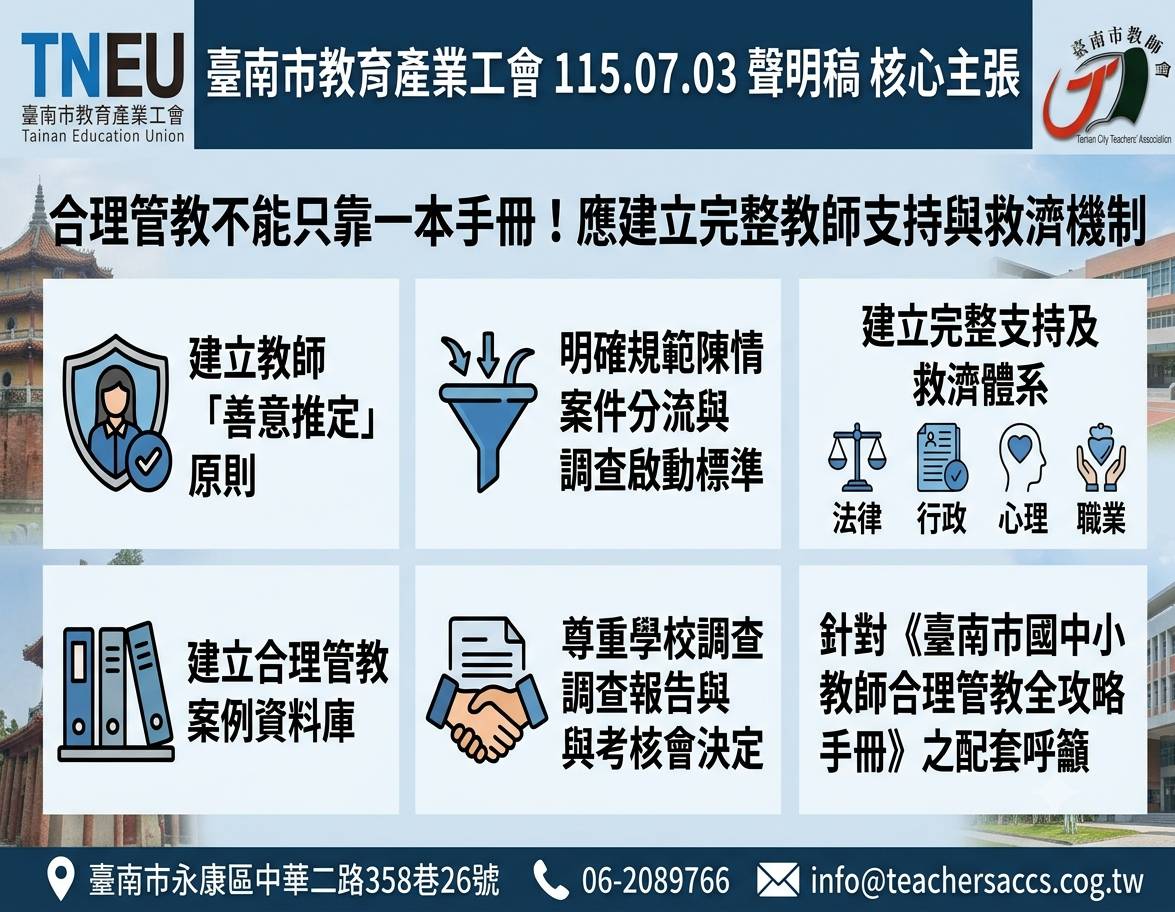 ▲南市推教師合理管教手冊，教產工會肯定方向籲建立「善意推定」。（圖／台南市教育產業公會提供）